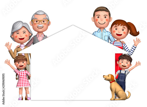 Illustration of a family surrounding a house silhouette created in 3d render