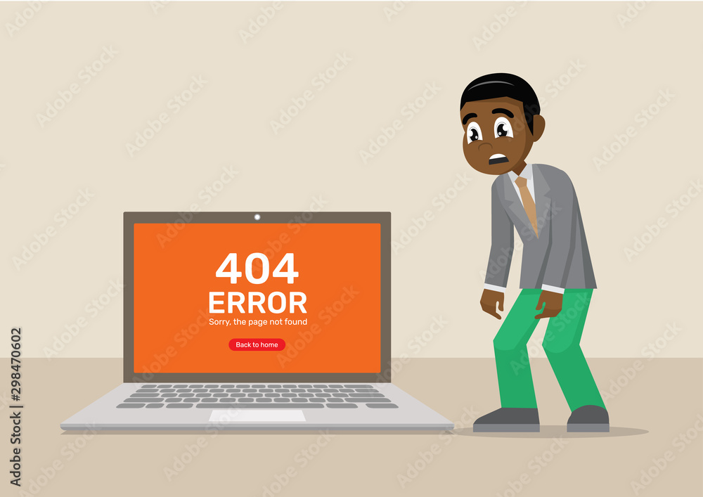 African Businessman Standing sadly. computer about page not found Error 404. African Businessman Standing sadly. computer about page not found Error 404.