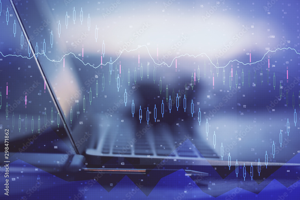Stock market chart hologram drawn on personal computer background. Multi exposure. Concept of investment.
