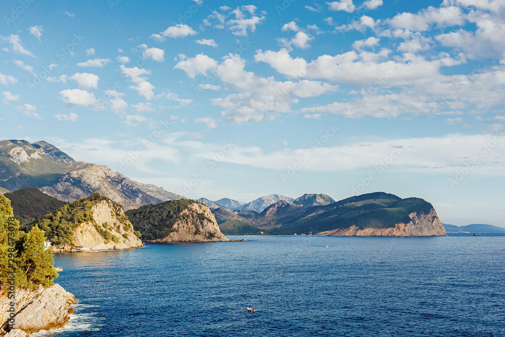 Naklejka premium Sea and mountains view. Petrovac na Moru in Montenegro