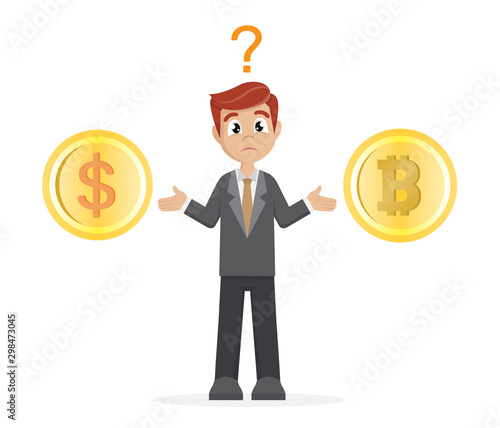 usinessman holds bitcoin and dollar coins thinking what to choose.