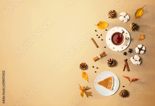 Pumpkin pie with cinnamon tea - flat lay