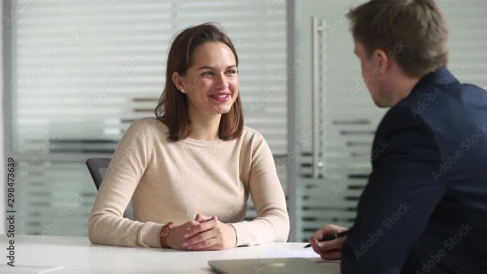 Job interview process focus on woman applicant answers on questions Job interview process focus on woman applicant answers on questions