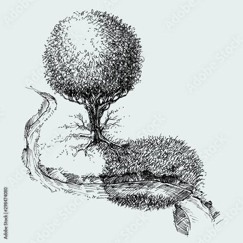 Simple landscape meadow aerial view. Tree and small river or creek sketch