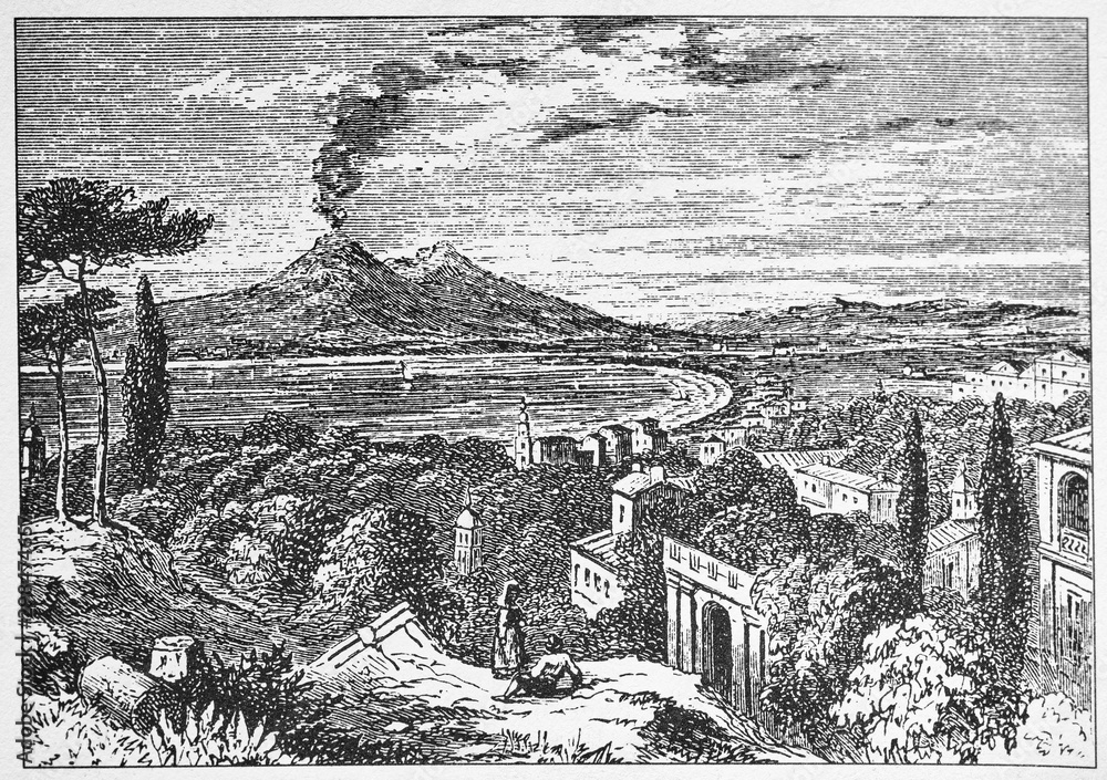 Antique illustration of Vesuvius smoking in the Gulf of Naples from the 1800s