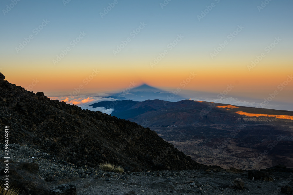 Teide National Park, Tenerife, shadow from a volcano at sunset. It is fantastic. Canary Islands, Spain