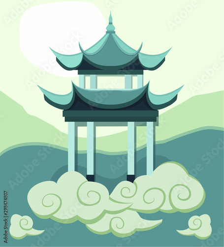 Illustration of a pagoda on clouds