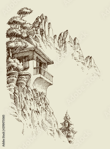 Alpine sketch background. Mountain hut, pine tree forest and mountain ranges