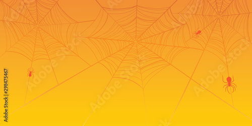 Orange Halloween banner with spiderweb and spiders. Vector background.
