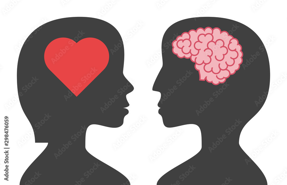 Man and woman silhouettes with brain and heart inside head, isolated on white background. Love, intelligence and emotion concept. Flat design. Vector illustration. EPS 8, no gradients, no transparency