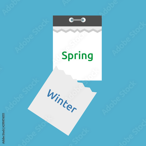 Abstract tear-off calendar with falling leaf, winter ends and spring starts on blue background. Time, seasons and change concept. Flat design. Vector illustration. EPS 8, no gradients, no transparency