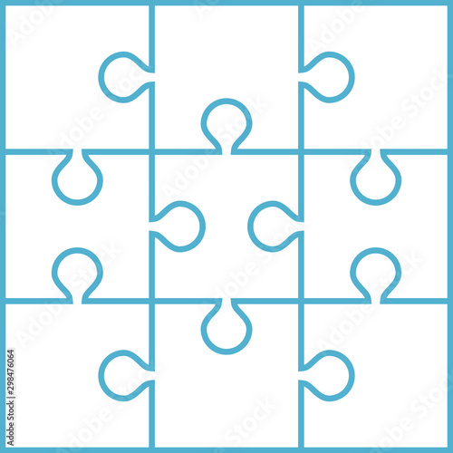 White nine joined jigsaw puzzle pieces isolated on blue background. Teamwork, cooperation and solution concept. Flat design. Vector illustration. No gradients, no transparency