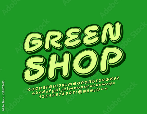 Vector emblem Green Shop with trendy Font. Creative Alphabet Letters, Number and Symbols