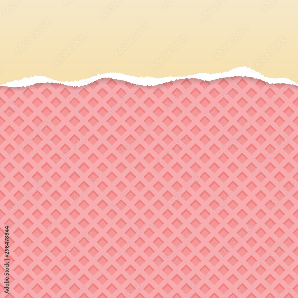 Cream ripped paper vector with pink wafer pattern background. Cream ripped paper vector with pink wafer pattern background.