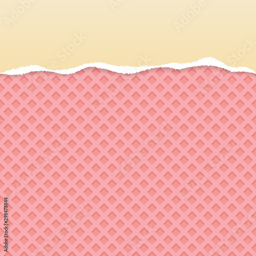 Cream ripped paper vector with pink wafer pattern background.