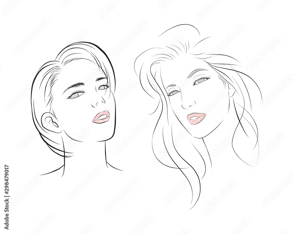 girl face long and short hair portrait isolated on white background. hand drawn vector illustration