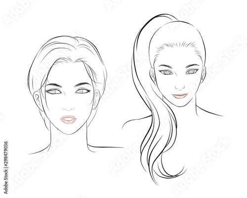 girl face long and short hair portrait isolated on white background. hand drawn vector illustration