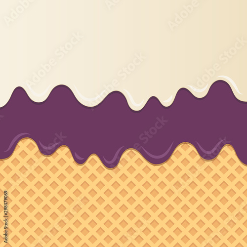 Wafer background with flowing milk cream and blueberry sauce.