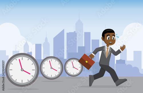 African businessman running from big clock follow him.