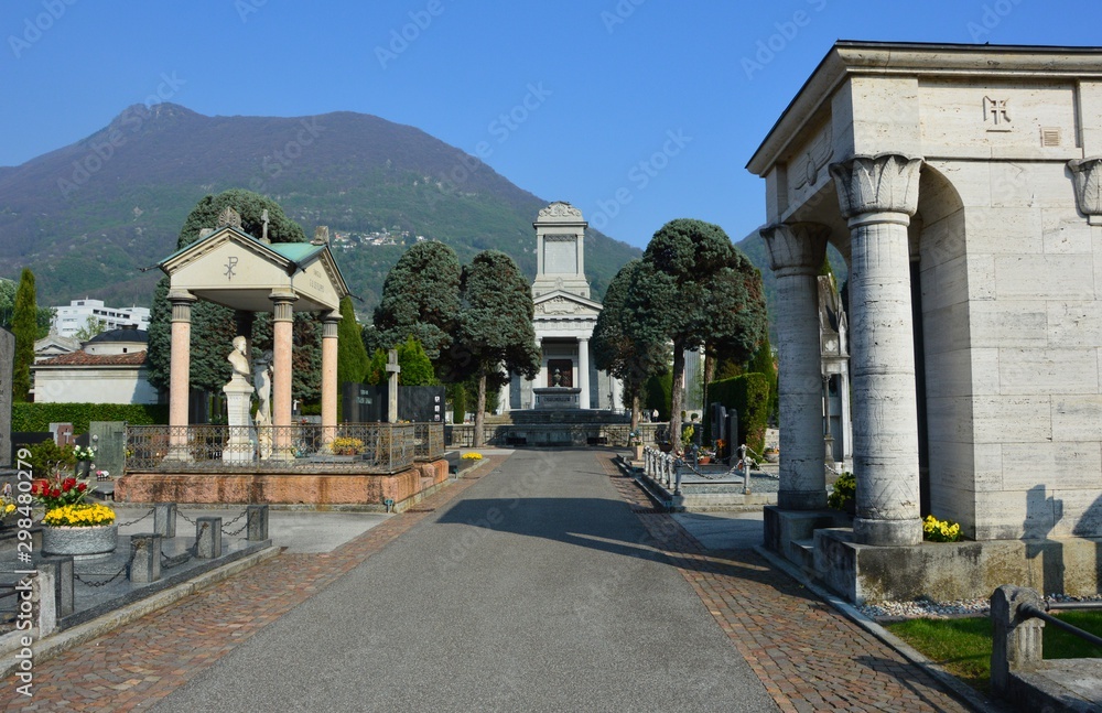 Lugano (Switzerland). April 2017 Cemetery architecture. Some graves date from 1800 and earlier.