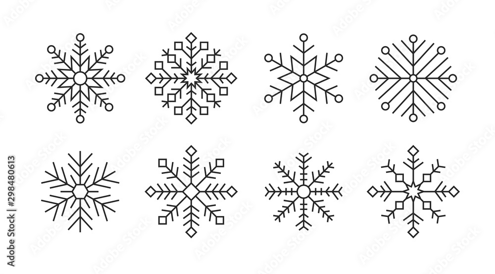 Flat set of snowflakes drawing. Black and white line art. Vector illustration snow Flat set of snowflakes drawing. Black and white line art. Vector illustration snow