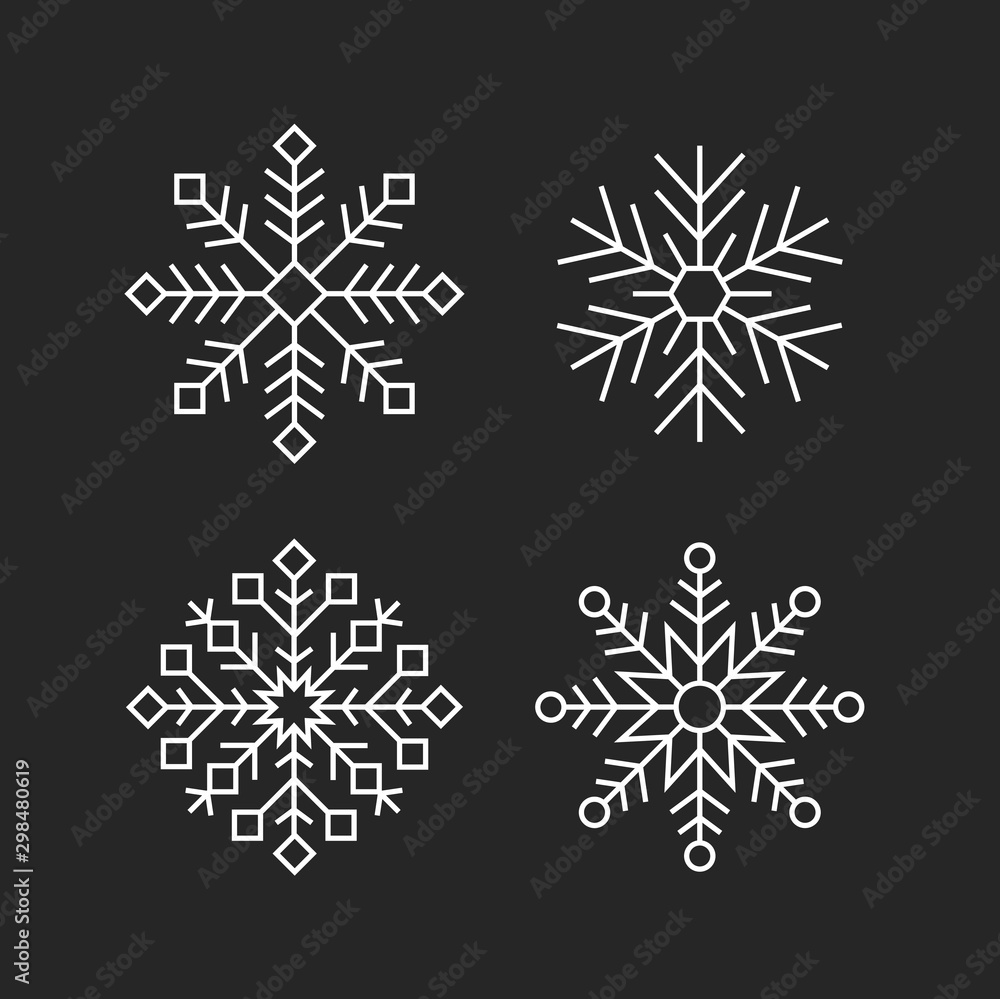 Flat set of snowflakes drawing. Black and white line art. Vector illustration snow Flat set of snowflakes drawing. Black and white line art. Vector illustration snow