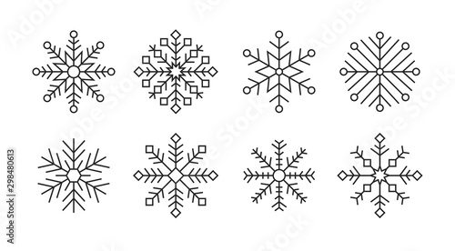 Flat set of snowflakes drawing. Black and white line art. Vector illustration snow