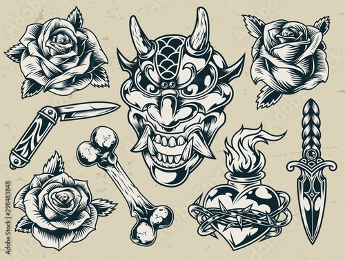 Vintage monochrome flash tattoo designs
