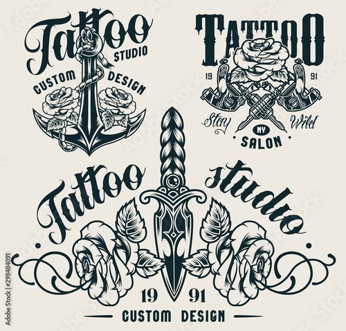 Vintage tattoo studio monochrome labels