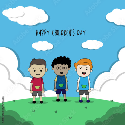 World Children's Day, three children standing in a garden, with blue sky