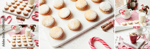 Christmas cookies, milk, cocoa, marshmallows, meringues on a white background by the window