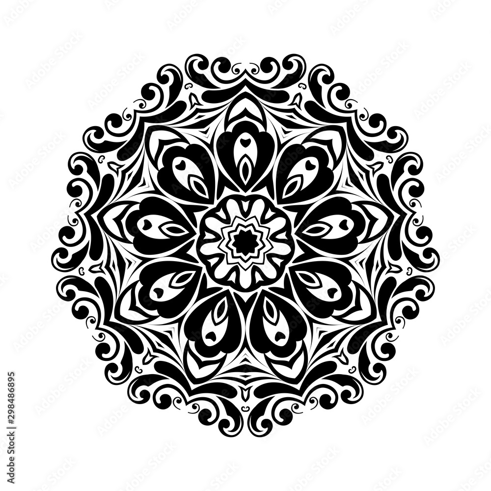 Round black mandala on white isolated background. Decorative ornament in ethnic oriental style.