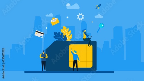 Mobile sim card with Tiny People Character Concept Vector Illustration, Suitable For web landing page,Wallpaper, Background, Card, banner,Book Illustration