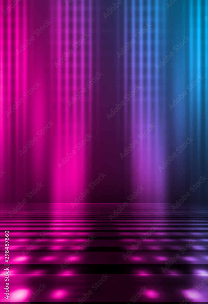 Empty background scene. Dark street reflection on wet asphalt. Rays of neon light in the dark, neon shapes, smoke. Background of an empty stage show. Abstract dark background. Empty background scene. Dark street reflection on wet asphalt. Rays of neon light in the dark, neon shapes, smoke. Background of an empty stage show. Abstract dark background.