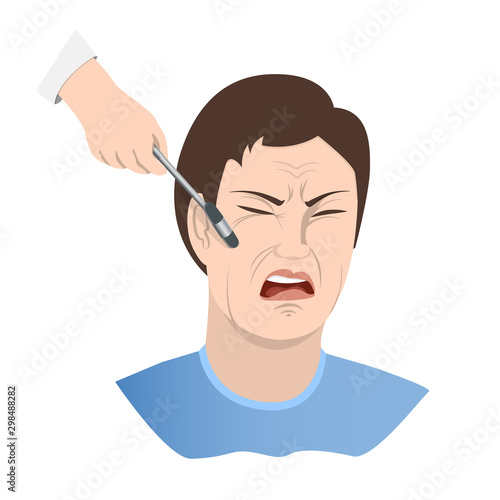 Symptom of meningitis. Cheekbone Syndrome Bekhterev. A face distorted by pain, a neurologist s hand with an instrument tapping the patient s cheekbone. Vector illustration