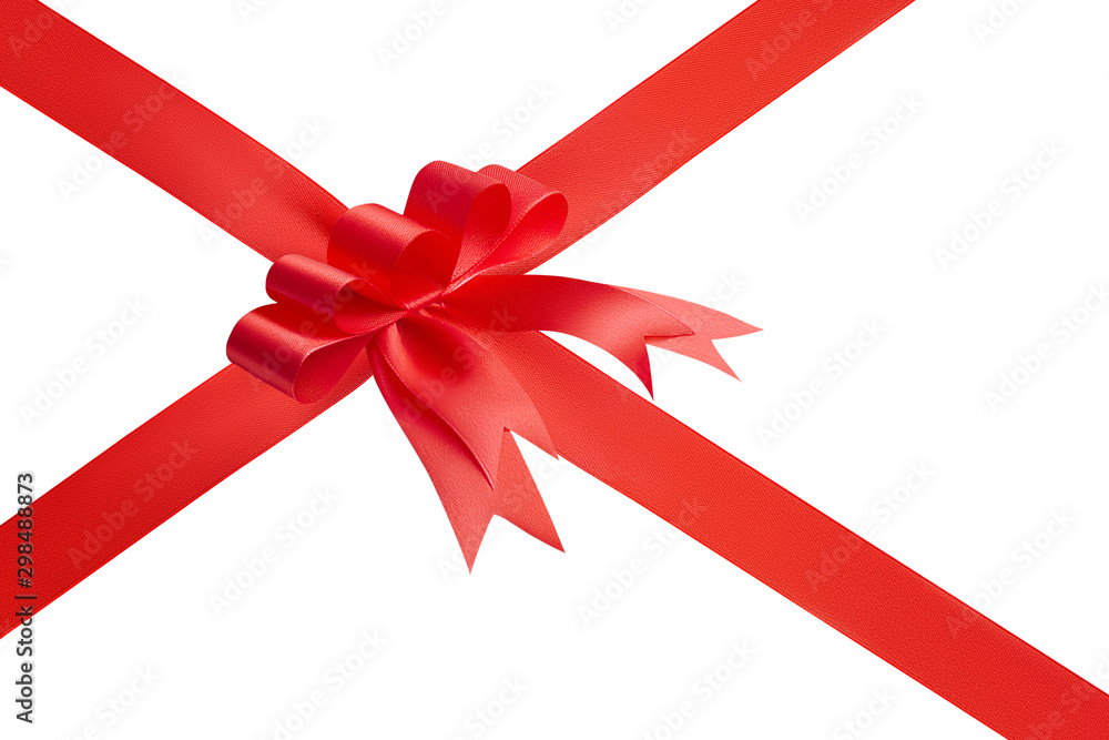 Side view of a beautiful red creative trendy unusual bow with five loops and a red satin bright shiny ribbon tied with a cross isolated on white background Side view of a beautiful red creative trendy unusual bow with five loops and a red satin bright shiny ribbon tied with a cross isolated on white background