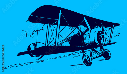 Slightly ascending historical biplane in front of a cloudy sky on a blue background. Editable in layers
