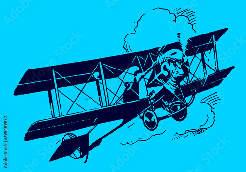 Ascending historical biplane in front of cumulus clouds on a blue background. Editable in layers