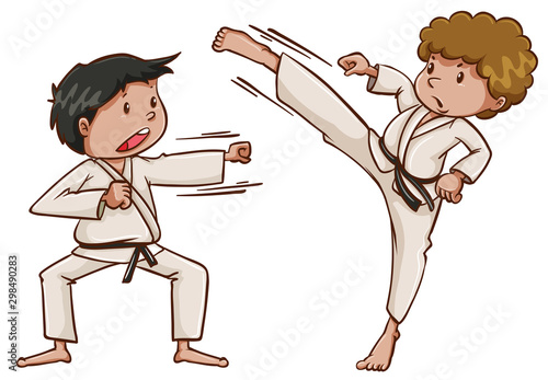 Two kids playing karate
