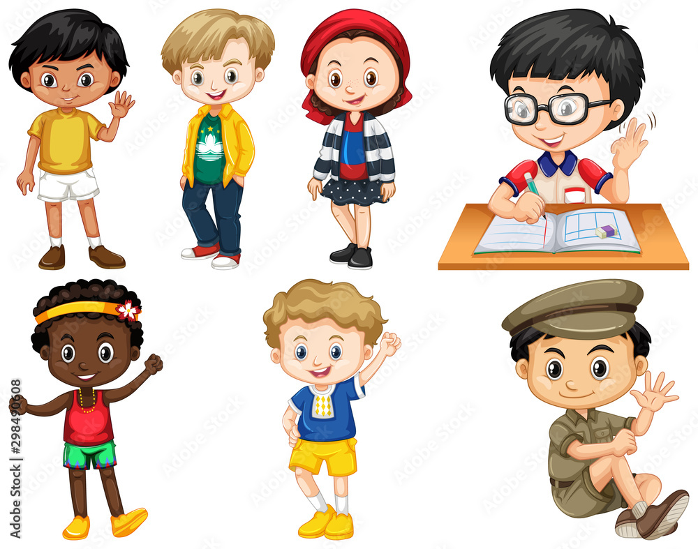 Set of isolated children in different actions Set of isolated children in different actions