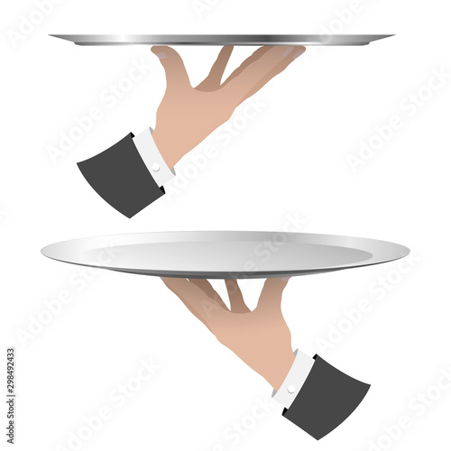 Hand with serving rtay on white background