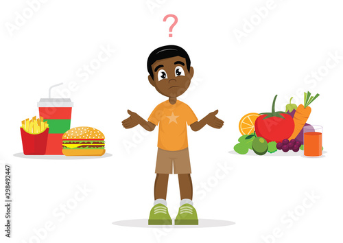Cartoon character, The choice of  African Boy. junk food or healthy food.