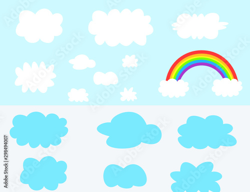 Rainbow and clouds.White clouds and blue clouds in the sky.Bubbles or labels for decoration.