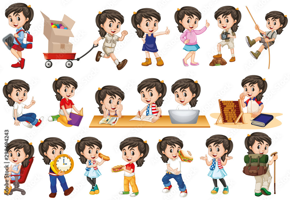 Girl with happy face in different actions Girl with happy face in different actions