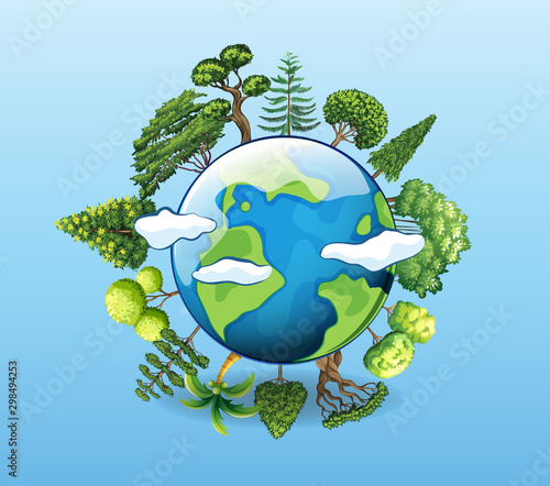 Global warming poster with tree on earth