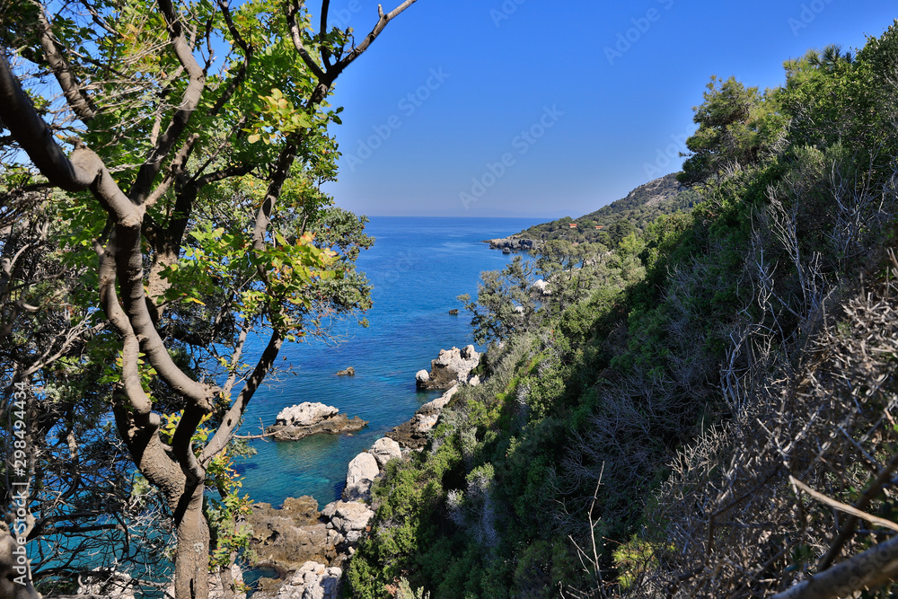 The secluded, only accessible on foot or by boat beaches Mikro Seitani Beach and Megalo Seitani Beach on the Greek island of Samos. The secluded, only accessible on foot or by boat beaches Mikro Seitani Beach and Megalo Seitani Beach on the Greek island of Samos.