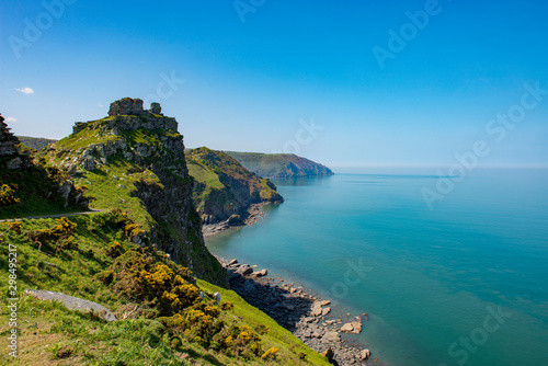 Steep cliffs with flowers growing amongst the rocks, Lynton, North Devon near the Valley of the Rocks