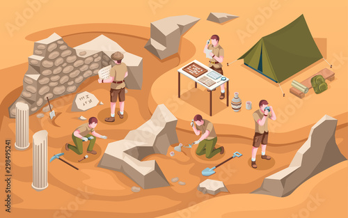 Archeology isometric excavation or archeologist at work. Archaeology job or archaeologist near ancient civilization architecture, columns and tent.Cartoon explorer at historic excavate.Old artifacts photo