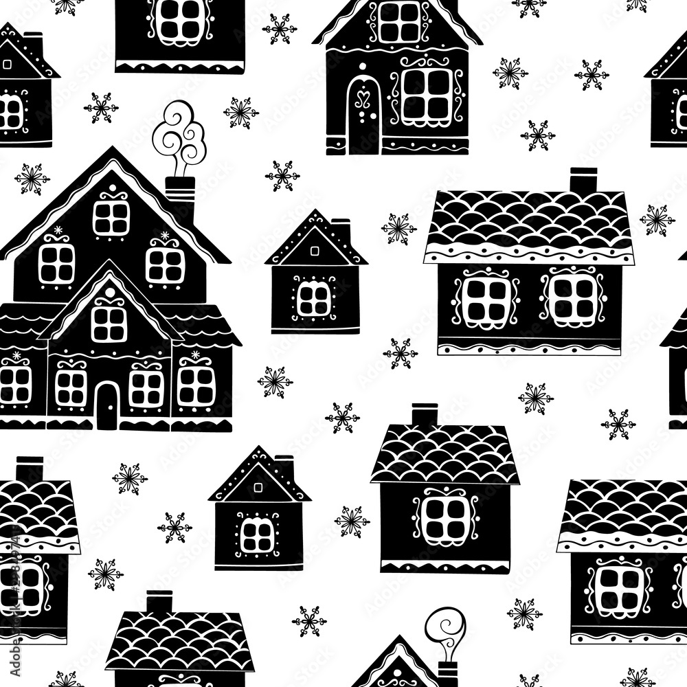 Christmas seamless pattern with houses and snowflackes. Vector illustration.
