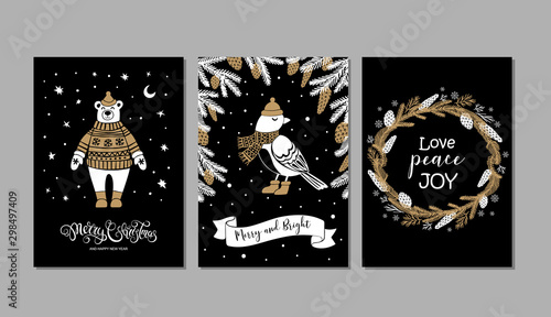 Happy New Year, Merry Christmas greeting cards set with bird, bear, fir tree wreath and calligraphy. Vector illustration.
